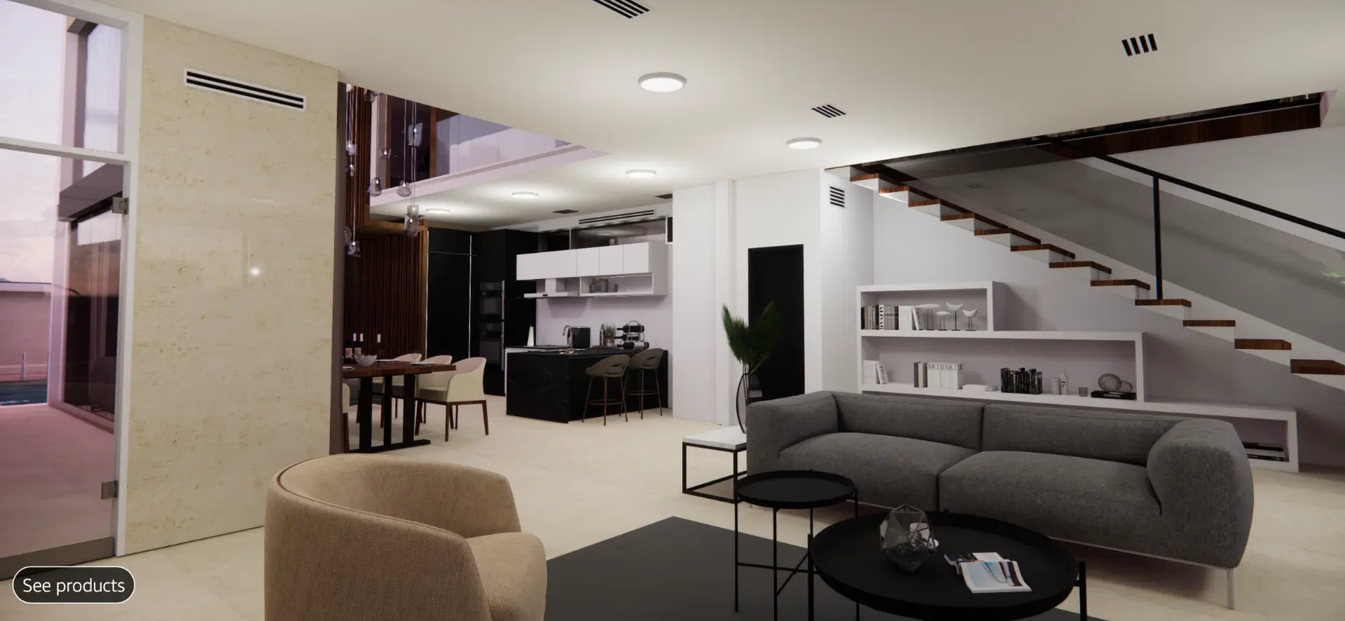 Sala residencial de lujo con difusores lineales Maier integrados en el techo